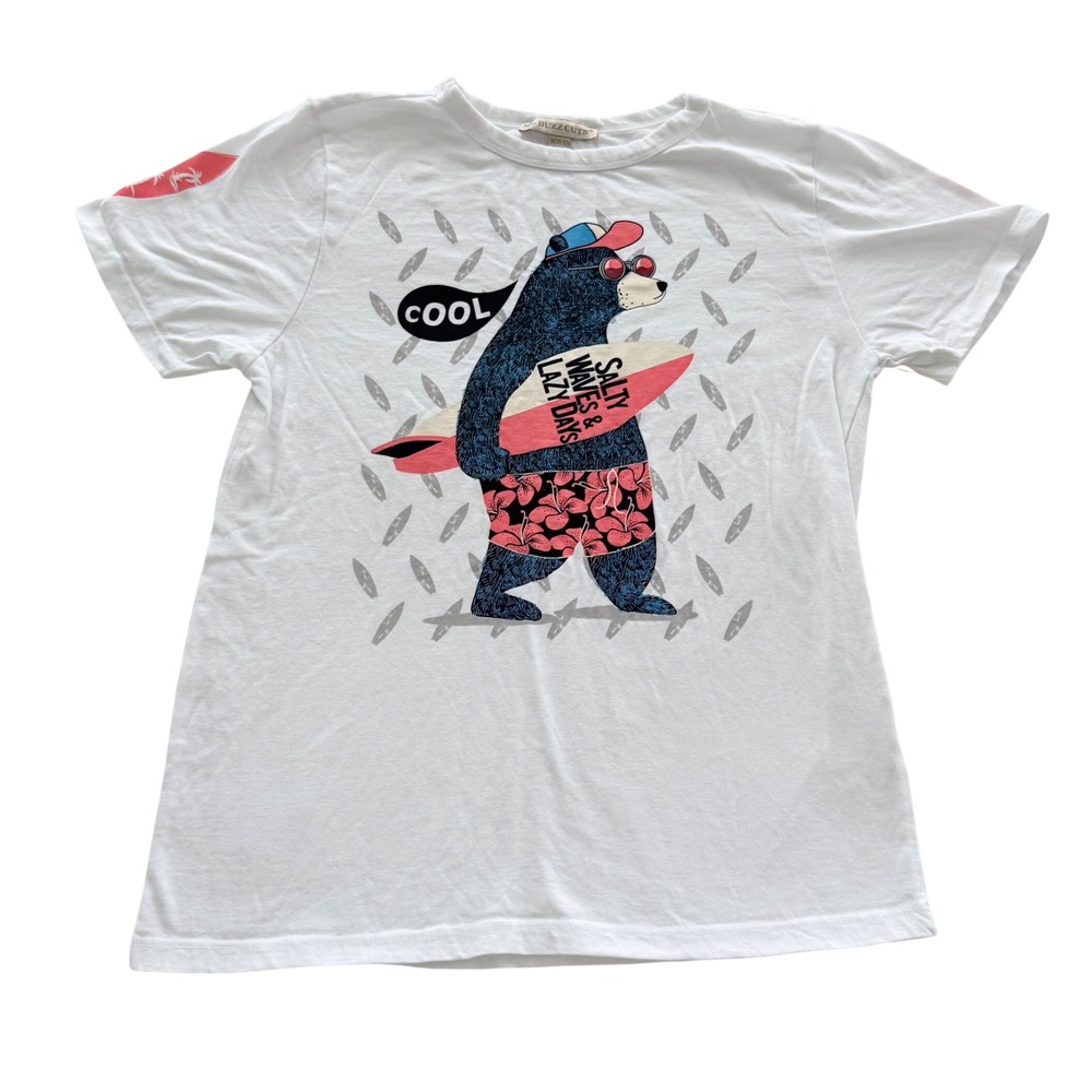 Buzz Cuts Graphic T-Shirt Kids Size M 10/12 White Excellent‎ Surfing Bear Tee